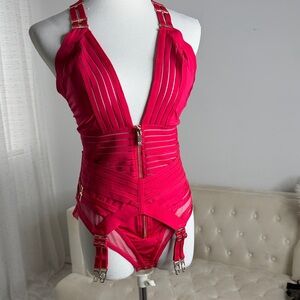 Honey Birdette Women's Red Strappy Bodysuit with Garter Raspberry XL